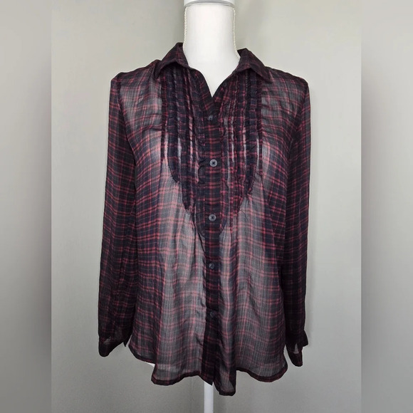 American Eagle Sheer Long Sleeve Ruffle Plaid Blouse - Picture 1 of 8
